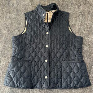 LL Bean Women Large Petite Plaid Lined Quilted Snap Up Vest Navy Blue